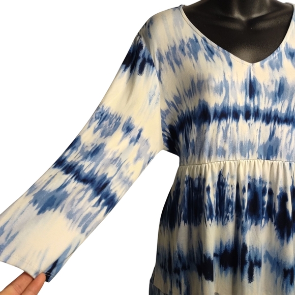 Simply Obsessed Dress Blue White Tie-dyed 3/4 Sleeves V-Neck Stretch Sz L NWT - Picture 5 of 10